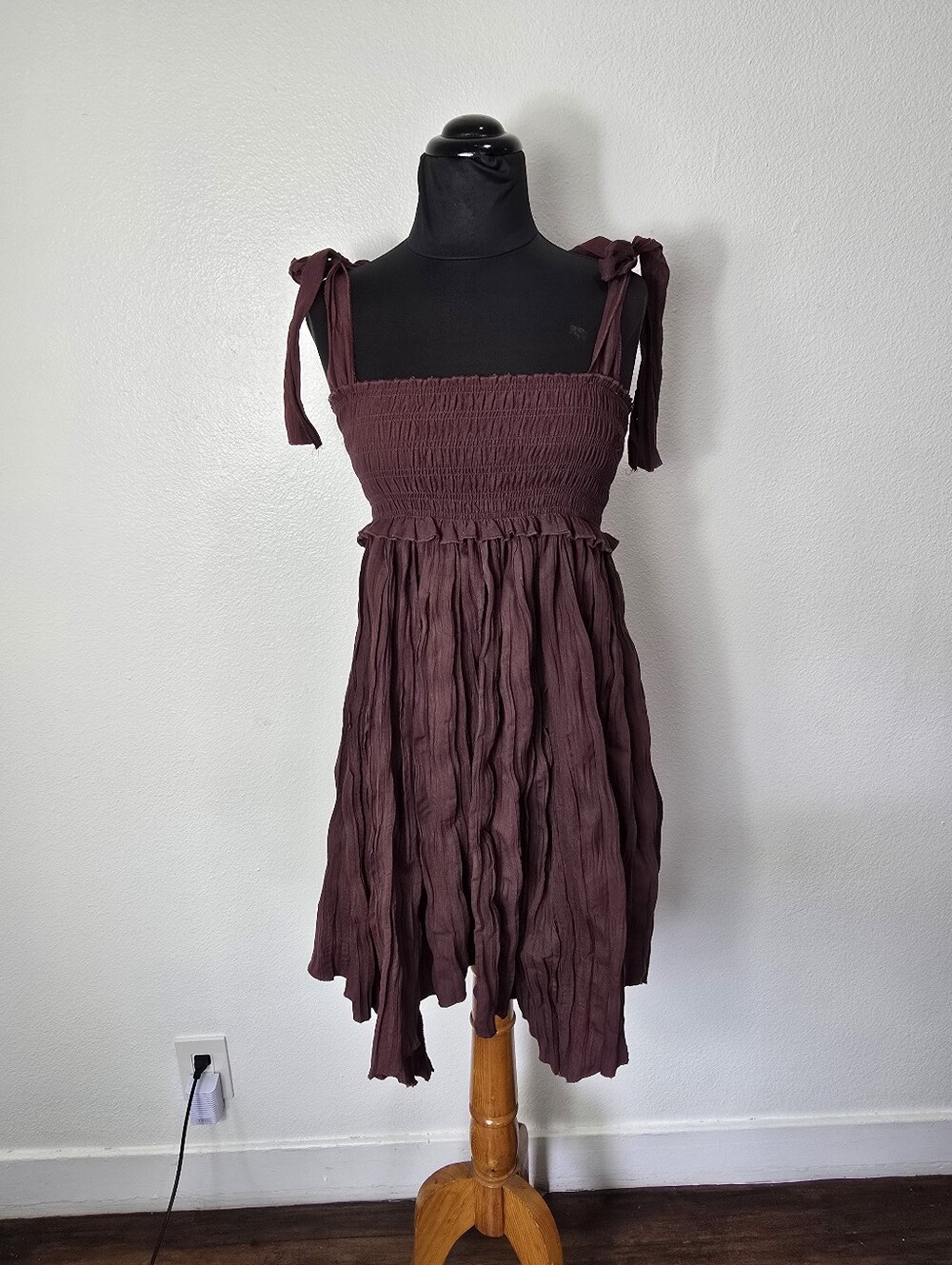 Urban Outfitters Smocked Tie-Shoulder Sundress in Wine
